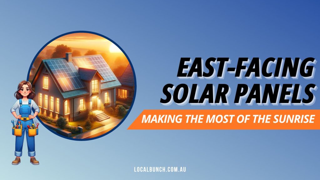Feature image for "East-Facing solar panels". It shows an image of a house with rooftop solar panels on the east-side during sunrise.